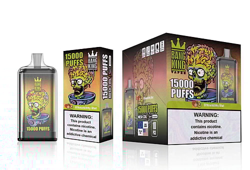 Packaging and product image of Bang King Vapen, a disposable vape with 15,000 puffs, featuring a strawberry kiwi flavor and a warning about nicotine being an addictive chemical.