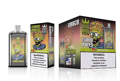 Imagen de empaque y producto de Bang King Vapen, un vaporizador desechable con 15.000 bocanadas, con sabor a fresa y kiwi y una advertencia sobre la nicotina como una sustancia química adictiva.