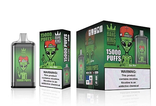 Bang King 15000 Puffs vape device packaging featuring a green alien character wearing a red cap, with "Cool Mint" flavor text and a nicotine warning label.