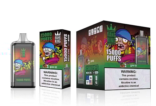 Packaging and device of the "Bang King 15000 Puffs" disposable vape featuring a cartoon zombie illustration and nicotine warning label.
