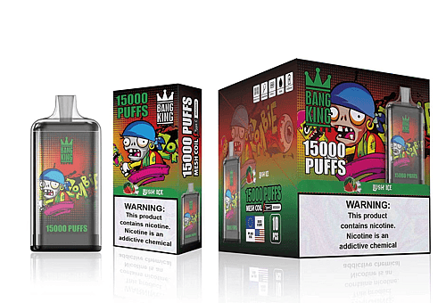 Embalaje y dispositivo del vaporizador desechable "Bang King 15000 Puffs" con una ilustración de dibujos animados de un zombi y una etiqueta de advertencia de nicotina.