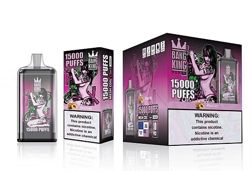 Bang King vape packaging displaying "15000 PUFFS" and a stylized image of a tattooed woman on the box and vape device, with a nicotine warning label.