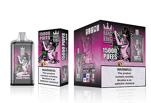 Empaque del vaporizador Bang King que muestra "15000 PUFFS" y una imagen estilizada de una mujer tatuada en la caja y el dispositivo de vaporizador, con una etiqueta de advertencia de nicotina.