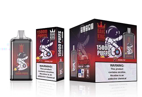 Packaging and product display of a Bang King vape device with 15,000 puffs, featuring an astronaut graphic and a warning label about nicotine.