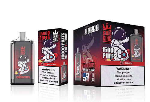 Embalaje y exhibición del producto de un dispositivo de vapeo Bang King con 15.000 bocanadas, con un gráfico de astronauta y una etiqueta de advertencia sobre la nicotina.