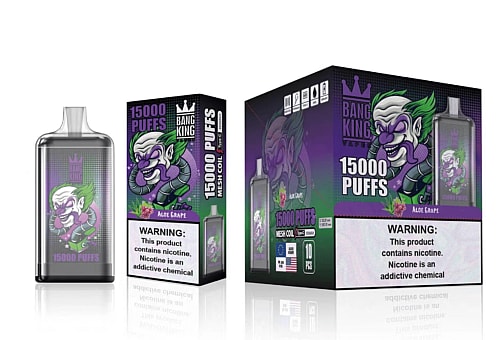 Packaging and product image of a vape device called "Bang King" with "15000 Puffs" and "Aloe Grape" flavor, featuring a cartoon character with green hair and a purple mustache.