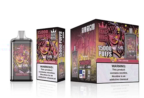 Bang King vape device packaging with "15000 Puffs," "Pink Lemonade" flavor, featuring colorful artwork of a woman’s face, and a nicotine warning label stating, "This product contains nicotine. Nicotine is an addictive chemical."
