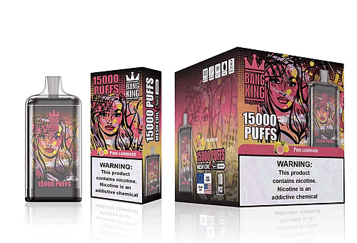 Dispositivo de vapeo Bang King con empaquetado de "15000 bocanadas", sabor "Limonada rosa", con ilustraciones coloridas del rostro de una mujer y una etiqueta de advertencia sobre la nicotina que dice: "Este producto contiene nicotina. La nicotina es una sustancia química adictiva".