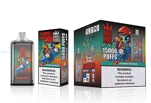 Bang King disposable vape packaging displaying "15000 PUFFS" with an illustration of a character wearing a helmet and goggles, holding a vape device. The flavor is labeled as "Strawberry Watermelon," and there is a nicotine addiction warning.