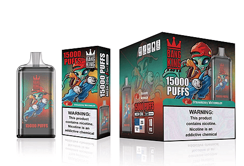 El empaque del vaporizador desechable Bang King muestra la leyenda "15000 PUFFS" con una ilustración de un personaje que lleva un casco y gafas y sostiene un dispositivo de vapeo. El sabor está etiquetado como "Strawberry Watermelon" y hay una advertencia sobre la adicción a la nicotina.