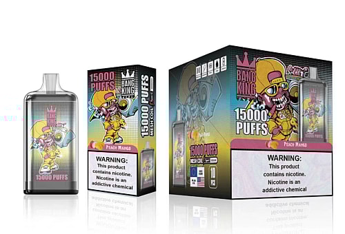 Bang King disposable vape device packaging, labeled "15000 puffs" and "Peach Mango" flavor, featuring a cartoon character with a cap and a boombox.