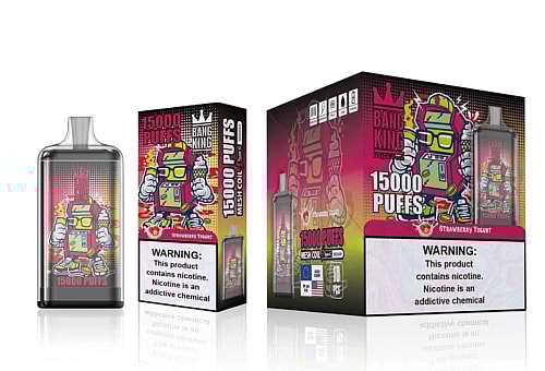 Bang King vape device and packaging, labeled with "15000 puffs," featuring a cartoon robot holding ice cream and wearing glasses, with warning about nicotine addiction.