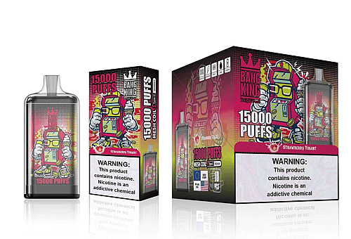 Dispositivo de vapeo Bang King y empaque, con la etiqueta "15000 bocanadas", que presenta un robot de dibujos animados sosteniendo helado y usando anteojos, con advertencia sobre la adicción a la nicotina.