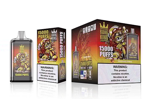 "Packaging for a vape device labeled 'Bang King 15000 Puffs' with a strawberry banana flavor, featuring a cartoon character on a motorcycle."