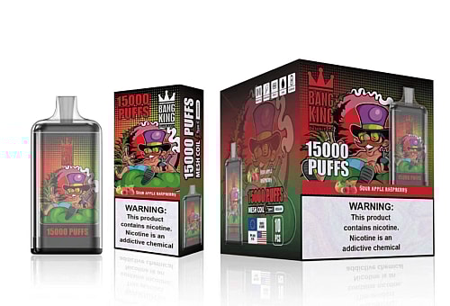 Packaging and product image of Bang King 15000 Puffs disposable vape in Sour Apple Raspberry flavor, featuring a colorful design with a cartoon character wearing a purple top hat.