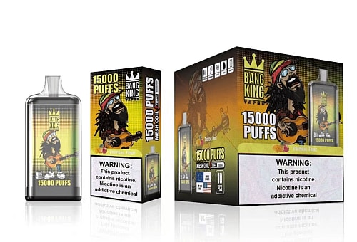 Vape product packaging featuring "Bang King" branding, 15000 puffs, and a cartoon character playing a guitar on a tropical-themed background, with a nicotine warning label at the bottom.