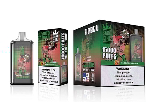 Bang King vape device and packaging featuring a cartoon character with the text "15000 PUFFS" and a warning label about nicotine addiction.