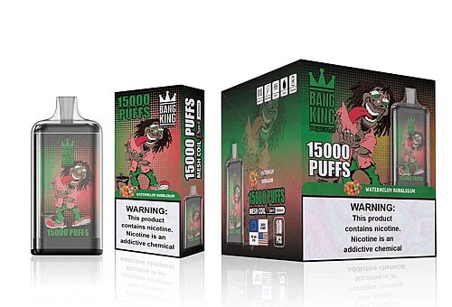 Dispositivo de vapeo Bang King y empaque que presenta un personaje de dibujos animados con el texto "15000 PUFFS" y una etiqueta de advertencia sobre la adicción a la nicotina.
