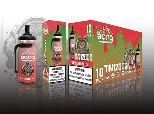 Bang-Einwegverpackung für E-Zigaretten mit dem Geschmack „Watermelon Ice“, einem auffälligen Gorilla mit Kopfhörern und einem Warnhinweis zum Nikotingehalt.