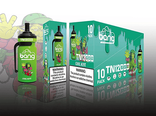 Verpackung für Bang Disposable Vape im Geschmack „Cool Mint“, abgebildet ist eine Schachtel mit 10 Packungen und ein einzelner Vape-Pen mit einer Zeichentrickfigur und Warnhinweisen zum Nikotingehalt.