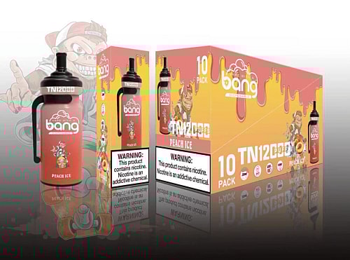 Bang disposable vape packaging in peach ice flavor, featuring a large bottle-shaped vape device with a handle. The box displays the product name, fruit illustrations, and a warning label indicating the presence of nicotine, which is an addictive chemical.
