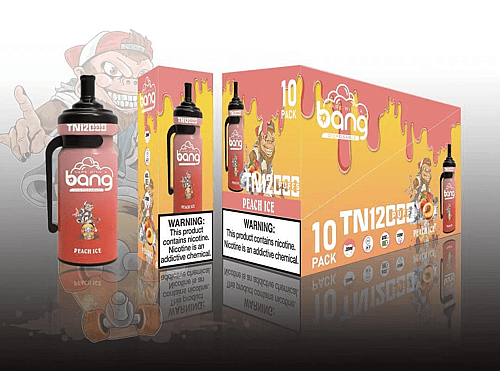 Bang-Einweg-Vape-Verpackung mit Pfirsicheisgeschmack, bestehend aus einem großen flaschenförmigen Vape-Gerät mit Griff. Auf der Verpackung sind der Produktname, Fruchtabbildungen und ein Warnhinweis zu sehen, der auf das Vorhandensein von Nikotin hinweist, einer süchtig machenden Chemikalie.