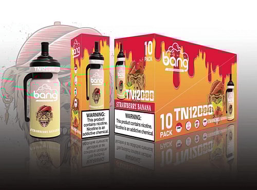Packaging for Bang disposable vape in Strawberry Banana flavor, featuring a cartoon monkey on the vape and box.