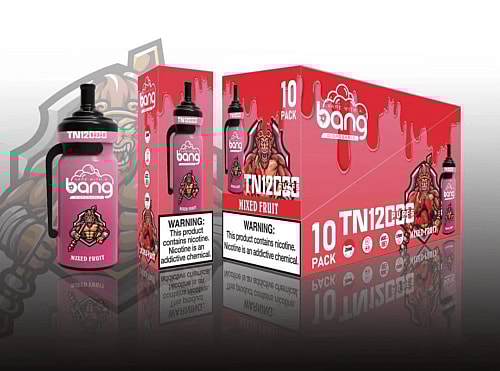 Packaging for Bang Disposable vape product with a "Mixed Fruit" flavor, showing a cartoon muscular character and a nicotine warning label.