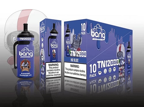 Bang disposable vape package with a blue "Mr. Blue" design featuring a cartoon character in a helmet, labeled as "Blueberry Raspberry Ice," offering 12,000 puffs, and containing nicotine warnings.