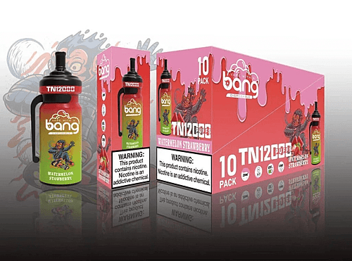 Einwegverpackung für Vape-Pens der Marke „Bang“ mit Wassermelonen-Erdbeer-Geschmack, Warnhinweisen zum Nikotin und einer Zeichentrickfigur im Design.