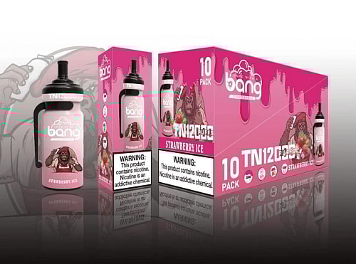 Packaging of Bang disposable vape in Strawberry Ice flavor, featuring a gorilla holding a strawberry, with health warnings about nicotine on the box.