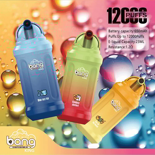 Three colorful disposable vape devices labeled "bang" with flavors Blue Razz Ice, Rainbow Sherbert, and Red Apple, displayed against a vibrant background with liquid droplets and a "12000 Puffs" label.