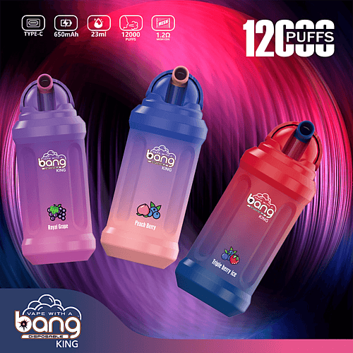 Three colorful disposable vape devices labeled "Bang King" with different flavors: Royal Grape, Peach Berry, and Triple Berry Ice, set against a vibrant background. The image highlights features like 12,000 puffs, 23ml capacity, 650mAh battery, Type-C charging, and 1.2Ω mesh coil.