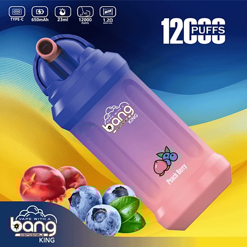 A disposable vape device labeled "Bang King" with a peach berry flavor, showing a 650mAh battery, 23ml capacity, 12,000 puffs, and Type-C charging.