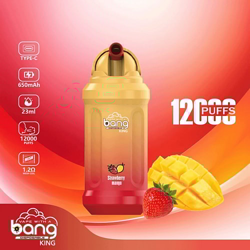 Bang King disposable vape in strawberry mango flavor, featuring a 650mAh battery, 23ml e-liquid, 12,000 puffs, Type-C charging, and 1.2Ω mesh coil.