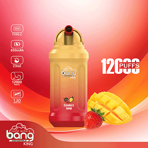 Einweg-Vape von Bang King mit Erdbeer-Mango-Geschmack, mit 650 mAh-Akku, 23 ml E-Liquid, 12.000 Zügen, Typ-C-Ladefunktion und 1,2 Ω Mesh-Spule.