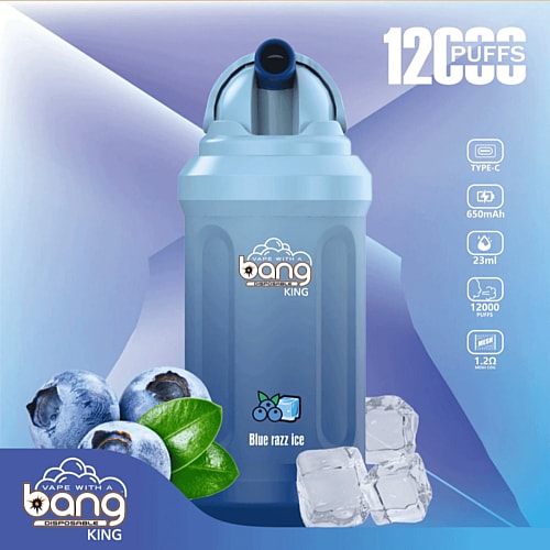 A blue disposable vape device labeled "Bang King" with "Blue razz ice" flavor, featuring images of blueberries, ice cubes, and specifications including 12000 puffs, 650mAh battery, and 23ml capacity.