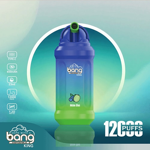 A blue and green disposable vape device labeled "Bang King" with "Melon Blue" flavor, offering 12,000 puffs, a 650mAh battery, and 23ml capacity.