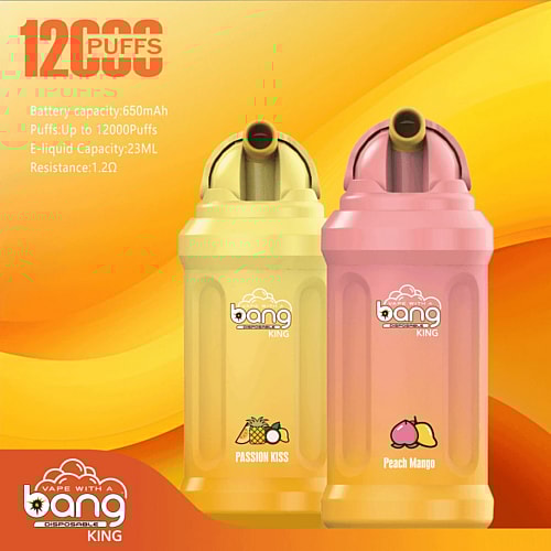 Two yellow and pink disposable vape devices labeled "bang KING" with flavors "Passion Kiss" and "Peach Mango" on an orange gradient background. Text on the image mentions 12,000 puffs, 650mAh battery, and 23ML e-liquid capacity.