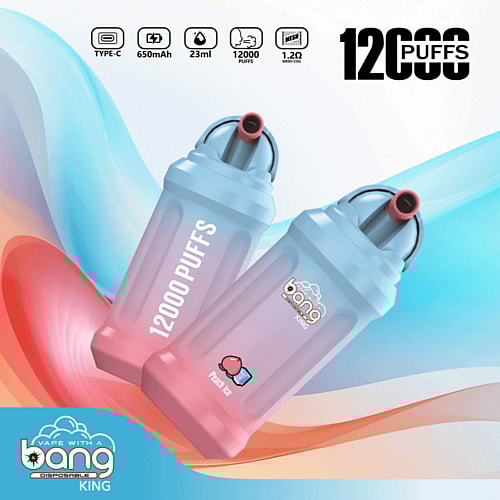 Bang disposable vape device with 12,000 puffs, 650mAh battery, 23ml capacity, and Peach Ice flavor.