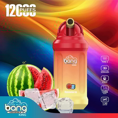 A colorful disposable vape device with a red and yellow gradient design, labeled "Bang King," featuring a watermelon ice flavor with 12,000 puffs, 650mAh battery, 23ml capacity, and Type-C charging port.