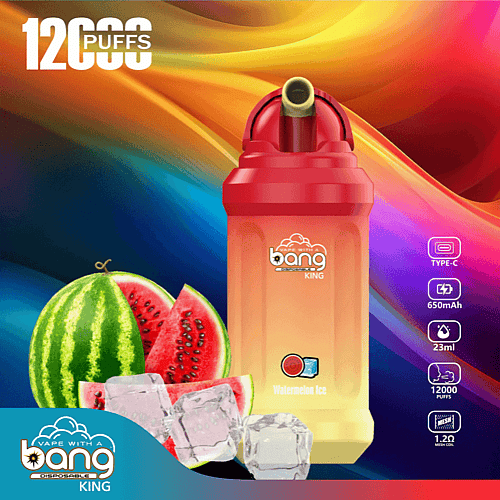 Ein farbenfrohes Einweg-Vaping-Gerät mit einem rot-gelben Farbverlaufsdesign und der Aufschrift „Bang King“, einem Wassermeloneneisgeschmack mit 12.000 Zügen, einem 650-mAh-Akku, einem Fassungsvermögen von 23 ml und einem Ladeanschluss Typ C.