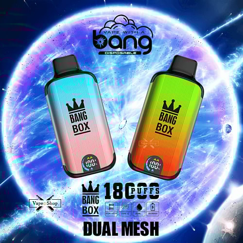 Dispositivi per svapo monouso Bang Box con un design sfumato colorato, 1800 boccate, doppia rete, ricarica Type-C, e-liquid da 25 ml e batteria da 850 mAh, esposti su uno sfondo cosmico vibrante.