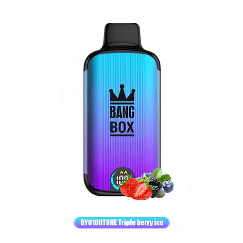 A Bang Box vape device with a gradient blue to purple finish and an image of mixed berries (strawberry, blueberry, blackberry) at the bottom, labeled "DY0100T8HE Triple berry ice."