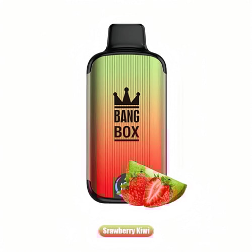 Bang Box vape device with a gradient red and green design, labeled "Strawberry Kiwi," featuring images of strawberries and kiwi at the bottom.