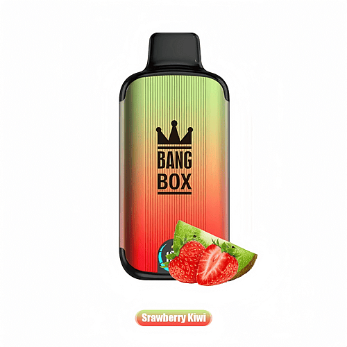 Dispositivo per svapare Bang Box con design sfumato rosso e verde, etichettato "Strawberry Kiwi", con immagini di fragole e kiwi nella parte inferiore.