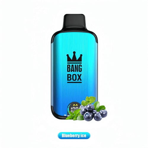 A blue disposable vape device labeled "Bang Box" with a crown logo, featuring images of blueberries and mint leaves, indicating the "Blueberry Ice" flavor.