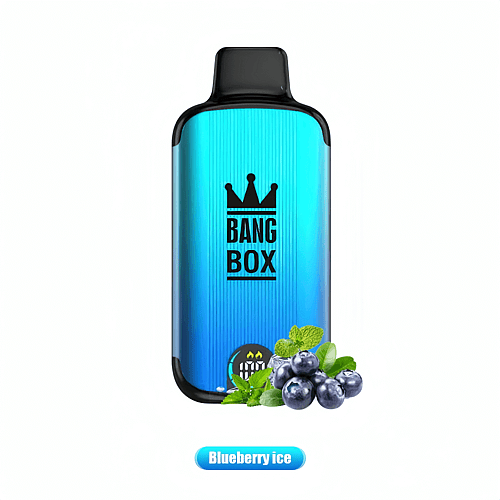 Un dispositivo per svapare usa e getta blu con l'etichetta "Bang Box" e il logo di una corona, raffigurante mirtilli e foglie di menta, a indicare il sapore "Blueberry Ice".