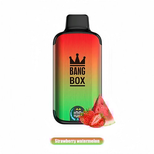 Bang Box vape device with a strawberry watermelon flavor, featuring a gradient red to green design and images of strawberry and watermelon.