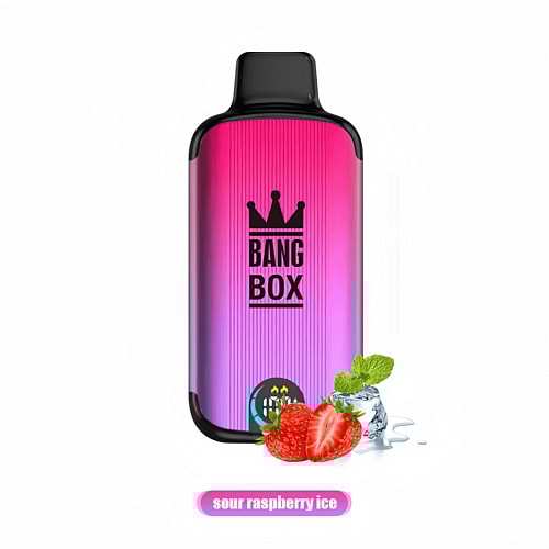 A pink and purple gradient vape device labeled "BANG BOX," with images of strawberries, mint leaves, and ice cubes, labeled "sour raspberry ice."
